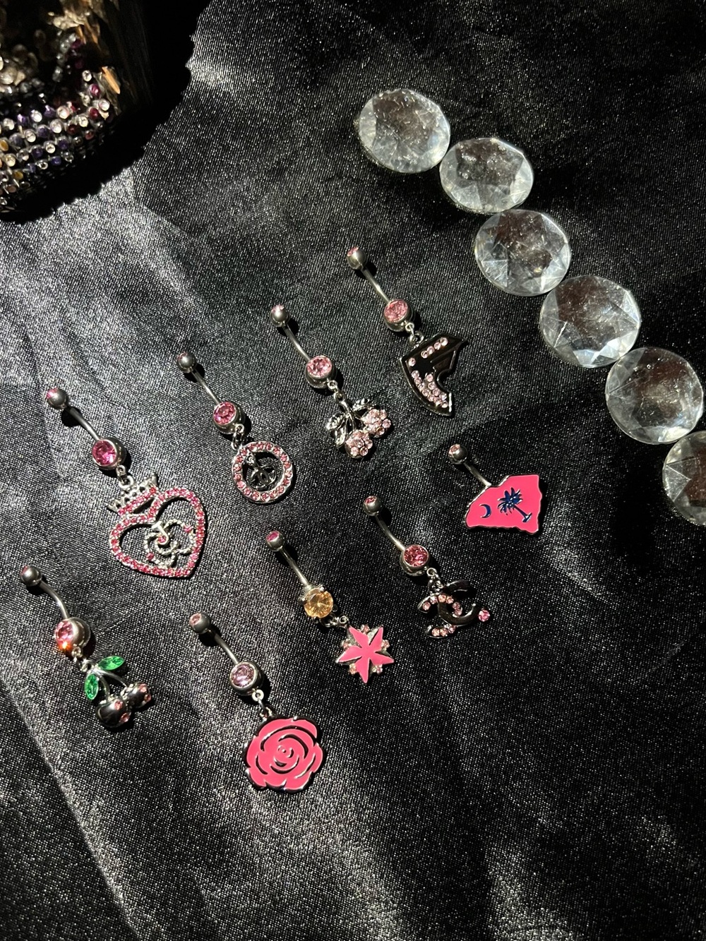9 Piece Pink Crystal Heart & Charm Belly Button Rings